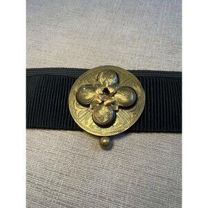 Black Stretch Waist Belt Womens Medium Gold Tone Floral Buckle Vintage Style